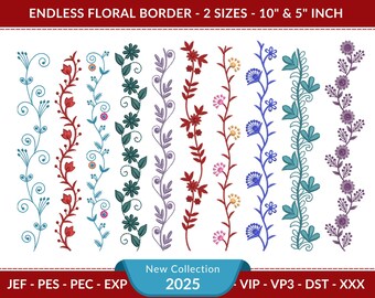 Intricate Floral Border Embroidery Design, Continuous Border Embroidery Pattern, 2 Sizes - Digital File for Embroidery Machines