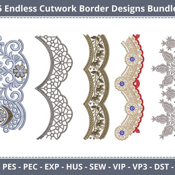 5 Endless Cutwork Embroidery Border Designs - Ornament Border Machine Embroidery Design and Pattern - Instant Download