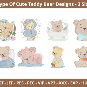 Puede incluir: Ocho diseños diferentes de patrones de bordado de ositos de peluche lindos. Cada diseño presenta un osito de peluche en una pose diferente, como dormir, bañarse o usar un impermeable. Los diseños están disponibles en tres tamaños.