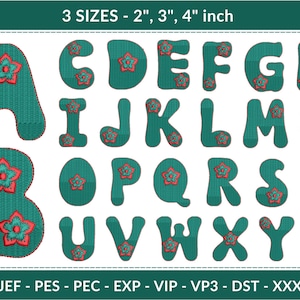 Desenhos elegantes de alfabeto floral para bordado à máquina - 3 tamanhos (2", 3", 4") - Letras decorativas completas para monogramas, decoração de primavera