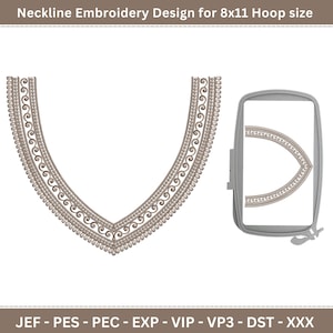 Puede incluir: Un diseño de bordado de cuello en forma de V, con un patrón detallado de espirales y puntos. El diseño se muestra junto a un bastidor de bordado. El texto en la parte superior dice "Neckline Embroidery Design for 8x11 Hoop size."