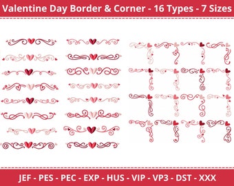Valentine Day Border & Corner Machine Embroidery Design Set - 16 types - 7 Sizes - Instant Download