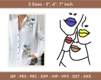May include: White button-down shirt with embroidered abstract faces featuring colorful lips. The design is repeated on the shirt. The image also shows an abstract line drawing of faces with blue, red, yellow, and brown lips. The text reads "3 Sizes - 5", 6", 7" inch".