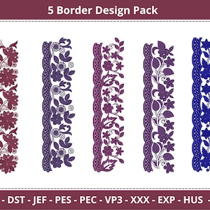 Peut inclure: Cinq motifs de broderie pour bordures, chacun avec un schéma de couleurs différent. Les motifs présentent des motifs floraux avec des détails complexes. Les couleurs sont le rouge, le violet et le bleu.
