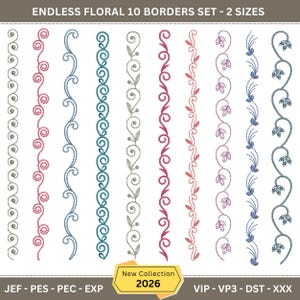 May include: An image showcasing ten different floral border designs in various colors, including pink, blue, and green. The borders are vertical and feature intricate floral and leaf patterns. Text at the top reads "ENDLESS FLORAL 10 BORDERS SET - 2 SIZES". The image also includes the text "New Collection 2026".