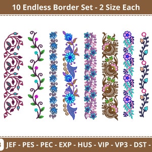 Endlose Blumen Bordüre - 10 Arten von Stickmustern - je 2 Größen - sofort download