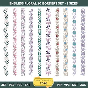 Op de afbeelding: Een set van tien bloemenrandontwerpen in verschillende kleuren, waaronder groen, roze en paars. De randen bevatten bladeren, bloemen en andere decoratieve elementen. De tekst "ENDLESS FLORAL 10 BORDERS SET - 2 SIZES" staat bovenaan. De tekst "New Collection 2026" staat in een gele banner.