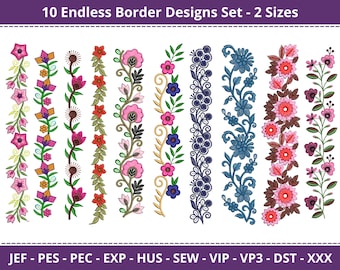 Flower Border Embroidery Design - Endless Floral Border Machine Embroidery Pattern & Designs - 10 Designs - 2 Sizes - Instant Download
