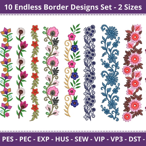 Flower Border Embroidery Design - Endless Floral Border Machine Embroidery Pattern & Designs - 10 Designs - 2 Sizes - Instant Download