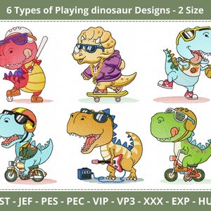 May include: Six different embroidery designs of cartoon dinosaurs playing sports and riding motorcycles. The dinosaurs are wearing sunglasses and have different colored bodies and clothing. The designs are available in two sizes.