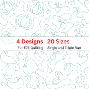 May include: A white background with teal line drawings of pumpkins, radishes, peppers, and other vegetables. The text "4 Designs 20 Sizes" is in red. The text "For E2E Quilting Single and Triple Run" is in black.