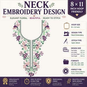May include: A digital neck embroidery design featuring floral patterns in shades of purple, pink, and green. The design is compatible with 8x11 inch hoops. Technical specifications include a total width of 32.6 cm and a total height of 50.8 cm.