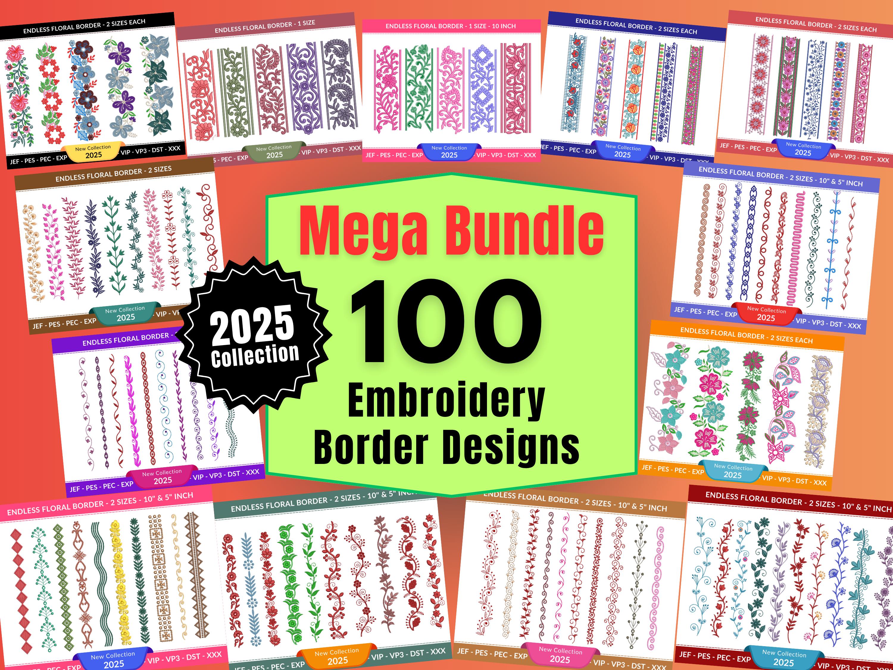 100 Embroidery Border Designs Mega Bundle – 2025 Floral Border