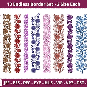 May include: Set of 10 embroidery designs featuring endless floral borders in various colors, including purple, blue, brown, and red. Each design is available in two sizes. The designs are labeled "EMB JEF - PES - PEC - EXP - HUS - VIP - VP3 - DST - XXX".