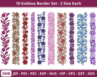 Endless Flower Border - 10 Types of embroidery designs - 2 Sizes each - instant download