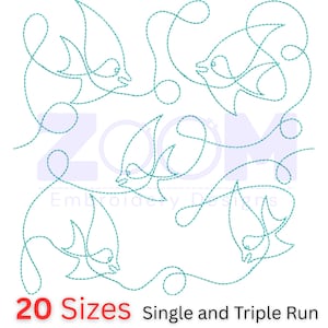 Puede incluir: Un fondo blanco presenta múltiples dibujos lineales turquesas de peces. Los peces están creados con una línea continua, lo que les da una estética minimalista. El texto en la parte inferior dice "20 Sizes Single and Triple Run". Para bordado.