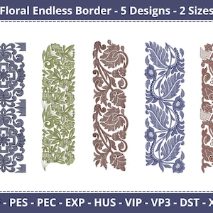 Könnte beinhalten: Fünf verschiedene florale Stickmuster zum Erstellen von endlosen Bordüren. Die Designs zeigen eine Vielzahl von Blumenmustern in Blau, Grün, Braun und Weiß.