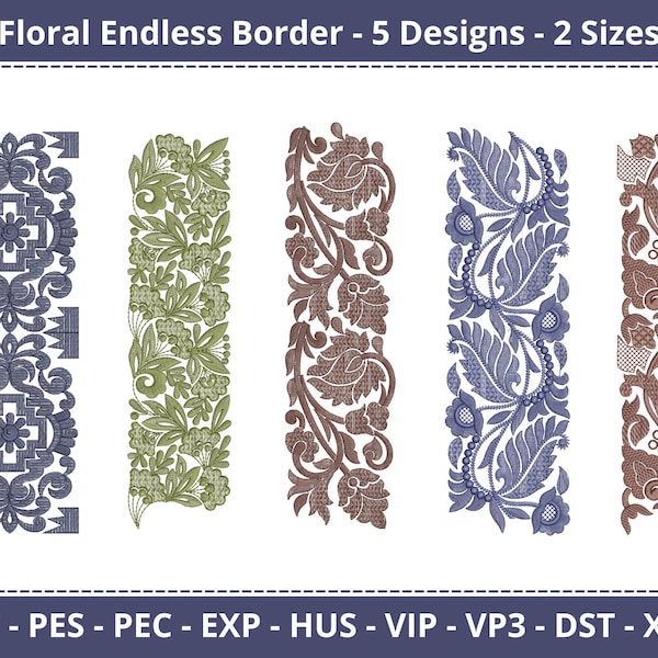 Endless Flower Border Embroidery Designs - Ornament Embroidery Border Pattern - 5 Designs - 2 Size  - Instant Download