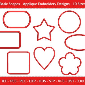 Può includere: Una collezione di disegni di ricamo applicati rossi in varie forme, tra cui un rettangolo, un ovale, un cerchio, una stella, un cuore e un fiore. Il testo "Basic Shapes - Applique Embroidery Designs - 10 Sizes" è in alto.