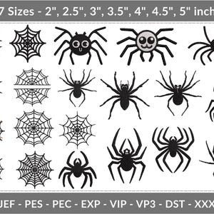Può includere: Una collezione di disegni di ragni e ragnatele neri in varie dimensioni, da 5,08 cm a 12,7 cm. L'immagine include diverse illustrazioni di ragni e motivi di ragnatele, adatti per Halloween o progetti a tema spettrale.
