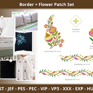 Puede incluir: Un conjunto de diseños de bordado que incluye un parche floral, un pequeño butti y dos bordes. Los diseños están disponibles en varios formatos, incluidos DST, JEF, PES, PEC, VIP, VP3, XXX, EXP y HUS. El parche floral mide 8,4 cm por 14,2 cm, el pequeño butti mide 6,6 cm por 6,6 cm, el borde pequeño mide 16,8 cm por 3 cm y el borde grande mide 24,4 cm por 3 cm.