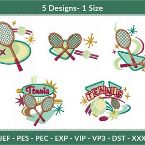 Tennis Embroidery Designs Set – 5 Unique Racket and Ball Patterns – Instant Download – Multiple Formats – One Size