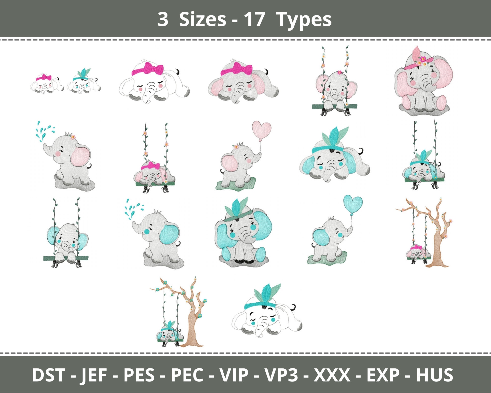 Baby Elephant Embroidery Design - Machine Embroidery Pattern - 3 Sizes - 17 Types - Instant Download