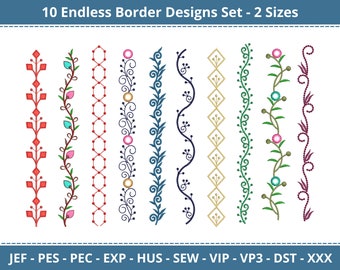 Floral Border Machine Embroidery Designs, Endless Flower Embroidery pattern and Design - 10 Border - 2 Sizes - Instant Download
