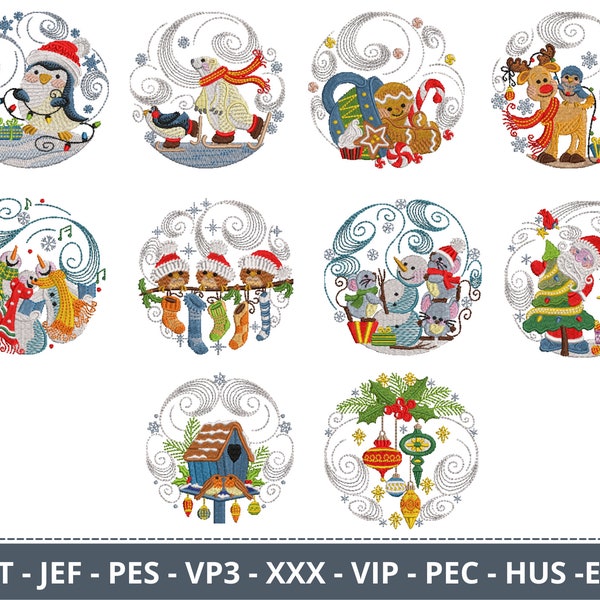 Christmas Embroidery Design With Santa, Snowman - Machine Embroidery Pattern – 10 Types – Instant Download