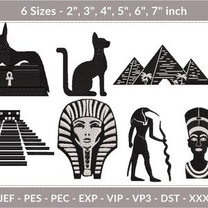 May include: Black and white Egyptian-themed embroidery designs. Includes Anubis, a cat, pyramids, a Mayan pyramid, a pharaoh's mask, a figure with a staff, and a bust. Sizes range from 2 to 7 inches.
