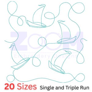 Può includere: Un'immagine presenta un motivo ripetuto di barche a vela turchesi con linee curve, creando un design stravagante. Il testo "20 Sizes" in rosso e "Single and Triple Run" in nero è in basso. Lo sfondo è bianco.