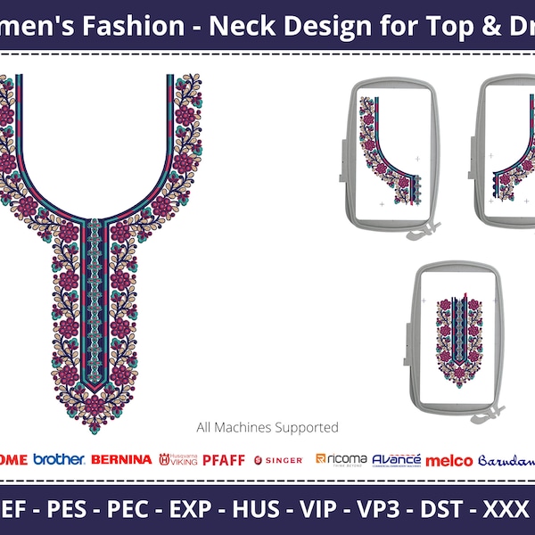 Tunic Neckline Machine Embroidery Designs - Flower Neck Embroidery Pattern - Fashion Neck - 8x11 Hoops Size - Instant Download