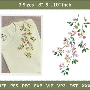 Puede incluir: Camiseta color crema con diseño floral bordado. El diseño presenta flores rosas, amarillas y rojas con hojas verdes. El texto "3 Sizes - 8", 9", 10" inch" está en la parte superior.