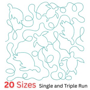 May include: A white background features a teal-colored, continuous-line design of sea turtles and flowing lines. The text "20 Sizes" in red is at the bottom left, with "Single and Triple Run" in black text to the right.