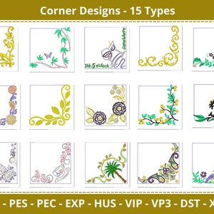 May include: Fifteen different corner designs for embroidery. The designs feature various floral, geometric, and whimsical motifs, including butterflies, palm trees, and teacups. The designs are perfect for adding a decorative touch to any project.