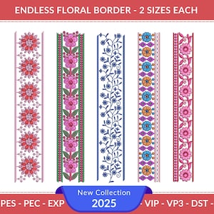 Endlos geblümte Bordüren Stickmuster - je 2 Größen - digitale Maschinenstickmuster zum sofortigen Download