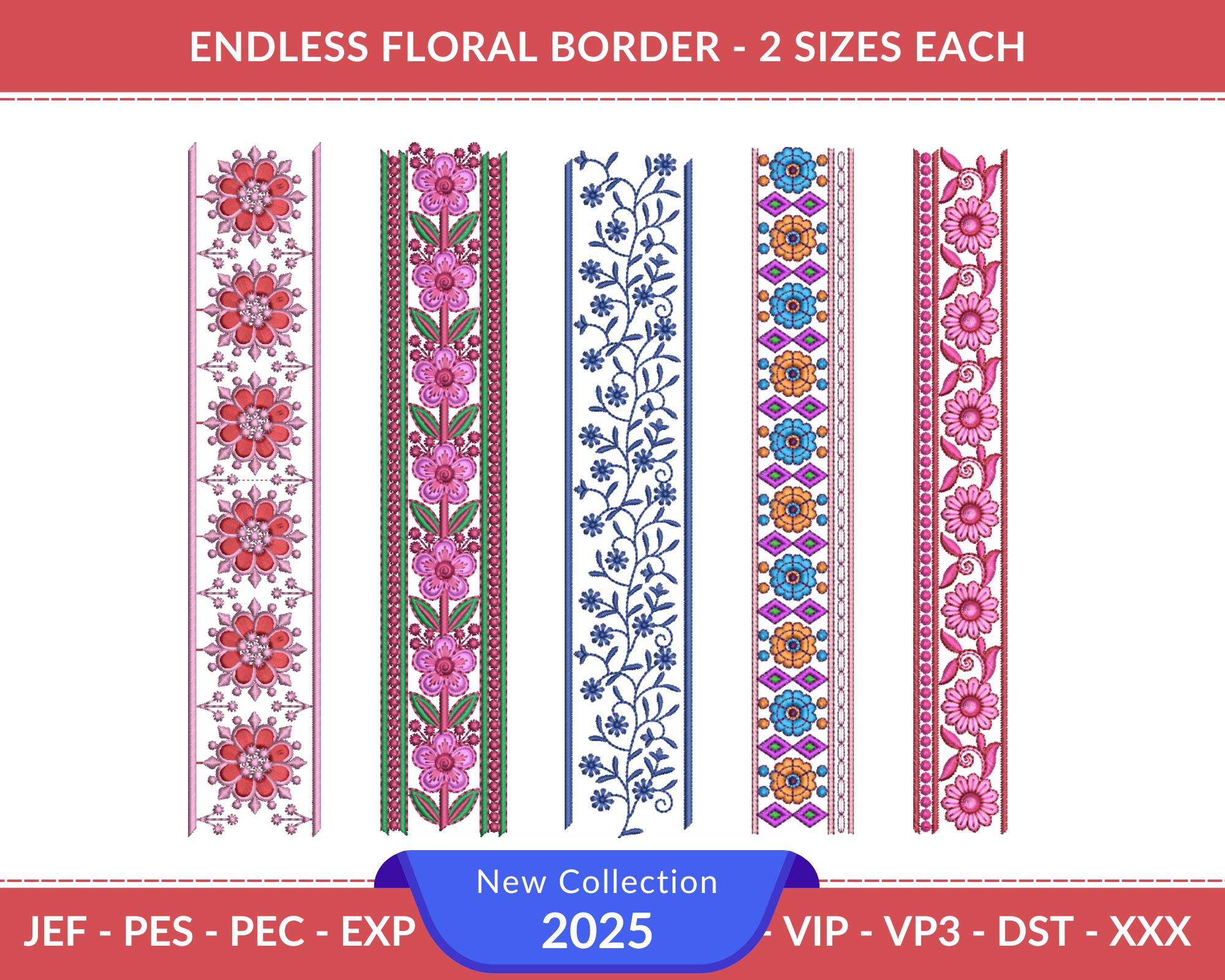 Endless Floral Border Embroidery Designs – 2 Sizes Each – Digital Machine Embroidery Pattern – Instant Download