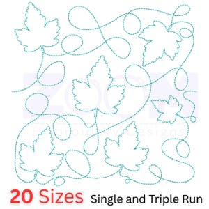 May include: An embroidery design featuring stylized green leaves and swirling lines. The design includes the text "20 Sizes" and "Single and Triple Run" in red and black, respectively, on a white background. The leaves are outlined with a dashed stitch.