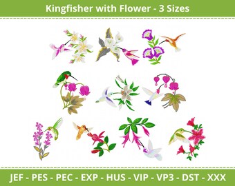 Kingfisher with Flower Embroidery Designs – 3 Sizes Each | Bird & Floral Machine Embroidery Patterns | For Clothing and Home Décor