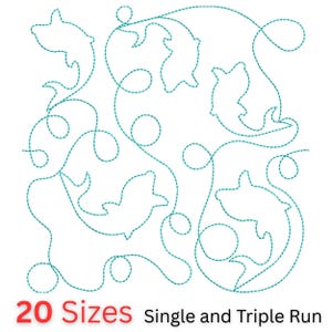 May include: A teal-colored, continuous-line drawing of dolphins swimming, with looping lines and circles. The text "20 Sizes" in red is at the bottom left, and "Single and Triple Run" is at the bottom right.