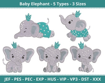 Baby Elephant Machine Embroidery Designs - king elephant crown Embroidery pattern - 5 Types - 3 Sizes - Instant Download