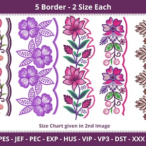 Könnte beinhalten: Fünf Stickmuster mit floralen Bordüren in verschiedenen Farben, darunter Lila, Pink und Braun. Die Designs sind mit "5 Border - 2 Size Each" gekennzeichnet.