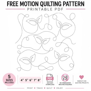Op de afbeelding: Een zwart-wit quiltpatroon voor uit de vrije hand met doorlopende lijntekeningen van bladeren en kronkelende ranken. De tekst luidt FREE MOTION QUILTING PATTERN, PRINTABLE PDF, 5 SIZES INCLUDED, 4" 5" 6" 7" 8", PDF, INSTANT DOWNLOAD, NO EMBROIDERY MACHINE REQUIRED, PERFECT FOR QUILTING PROJECTS, PRINT, TRACE, QUILT, ENJOY.