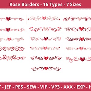 Diseños de bordado con bordes de San Valentín, corazones y amor: 16 tipos de borde, 7 tamaños, descarga instantánea