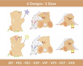 Baby Bear Embroidery Designs – 6 Cute Teddy Bear Patterns in 3 Sizes – Instant Download – Multiple Formats Included