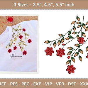 May include: White t-shirt with a floral embroidery design. The design features red flowers and green leaves on a branch. The image also shows the embroidery design as a separate graphic. The design is available in 3 sizes: 3.5", 4.5", and 5.5" inches.