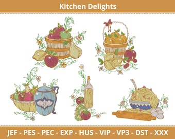 Ensemble de motifs de broderie Kitchen Delights - Fruits rustiques, bocaux, paniers et pâtisseries - Fichiers de broderie machine