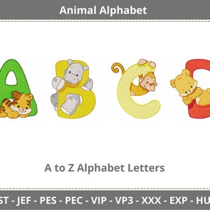 Alphabet with Baby Animals Machine Embroidery Designs - A to Z Font Letters Embroidery pattern - Instant Download