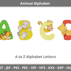 Alfabeto con diseños de bordado de máquinas de animales bebés - Patrón de bordado de letras de fuente de la A a la Z - Descarga instantánea