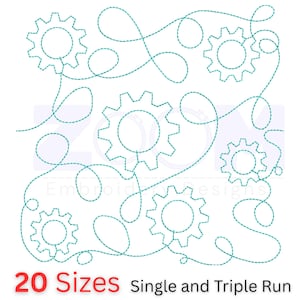 Pode incluir: Um design bordado com engrenagens e linhas onduladas em turquesa sobre um fundo branco. O texto "20 Sizes" é vermelho e "Single and Triple Run" é preto. Ideal para projetos de bordado.